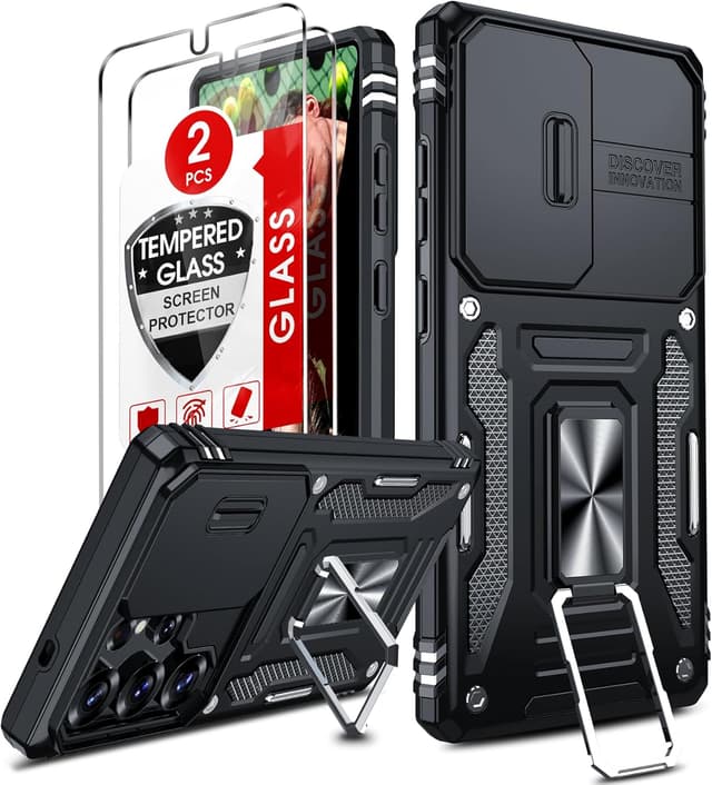 Detalle de LeYi for Samsung Galaxy S25 Ultra phone case with sliding camera lens cover and rotatable ring stand (Black)