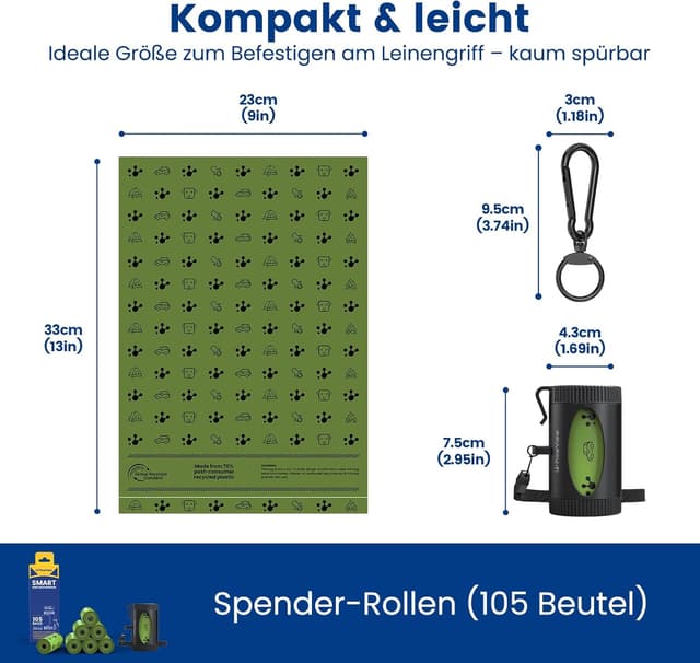 Detalle de PawView aufrollbarer Hundekotbeutelspender mit NFC, für Leine & Gürtel – 7 Rollens (105 Stück), extra stark, schwarz