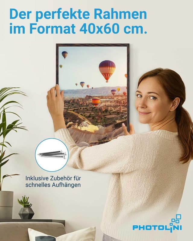 Detalle 2 de PHOTOLINI Bilderrahmen 40x60 in dunkler Eiche (MDF) mit bruchsicherem Acrylglas, zum Aufhängen