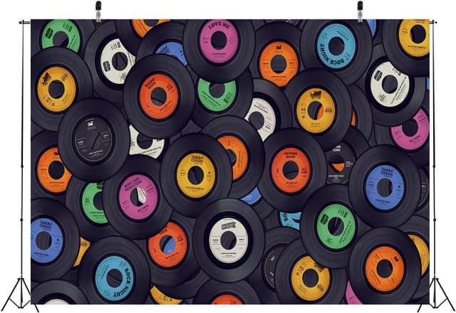 Detalle de BELECO 2.1 x 1.5m Retro Music Records Fabric Backdrop (1950s Rock ’n’ Roll / Vinyl Record Theme)