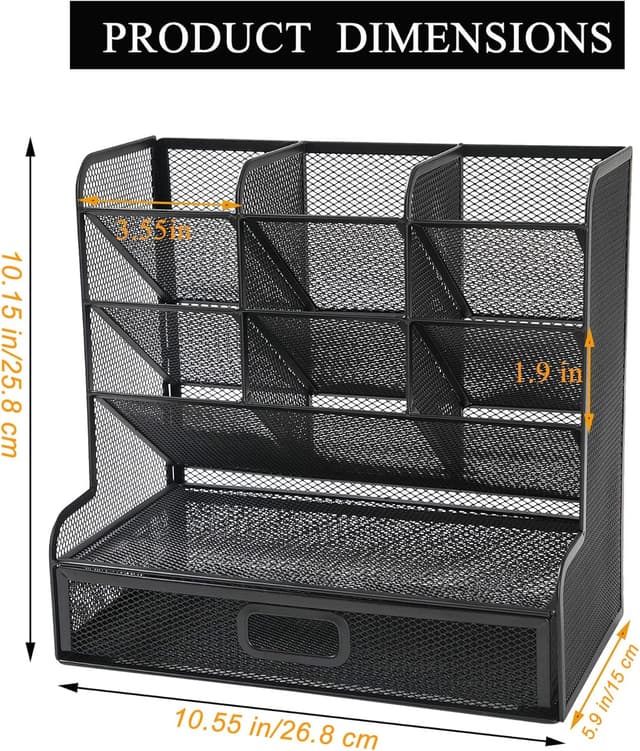 Detalle 2 de Vikmyer Mesh Desk Organiser with Drawer – 9-compartment pen holder for home office, school and study