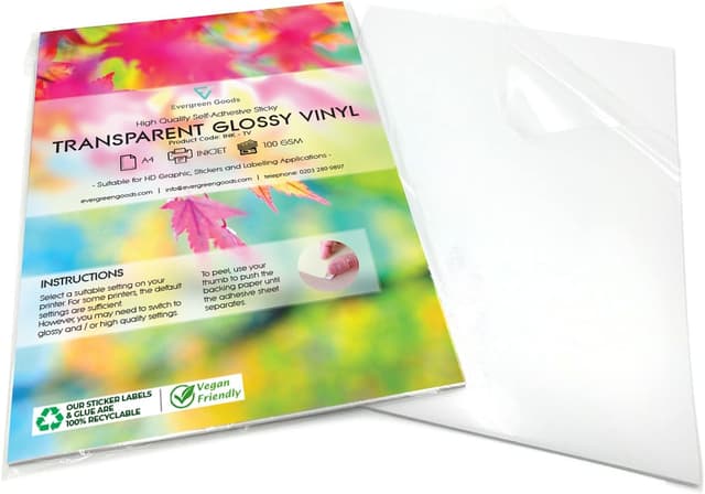 Detalle de EVG Evergreen Goods 10 Sheets A4 Clear Transparent Sticker Vinyl – Glossy Inkjet Printable