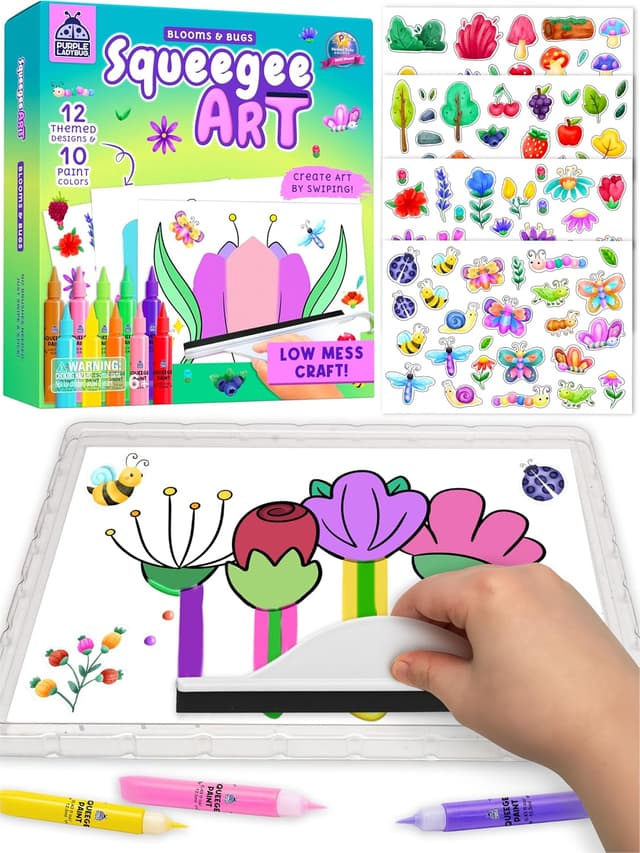 Detalle de Squeegee Art Kids Paint Kit Blooms & Bugs – nature-themed painting set with stickers