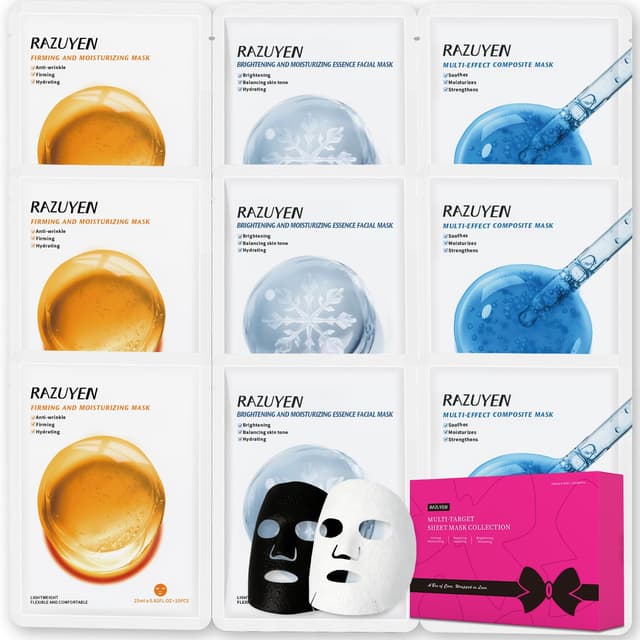 Detalle de RAZUYEN Gesichtsmasken-Set mit Peptiden, Vitamin C und Panthenol B5 (9 Sheet Masks) – Anti-Aging & beruhigende Pflege
