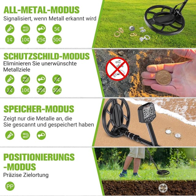 Detalle de OneAmg Metalldetektor Profi – 5 Suchmodi, Pinpointer, IP68 Suchspule inkl. Kopfhörer, Schaufel & Rucksäcke