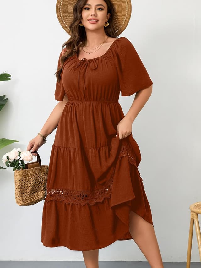 Detalle de RWJ Women’s Plus Size Maxi Dress with Square Neck, Flutter Sleeves & Lace Trim