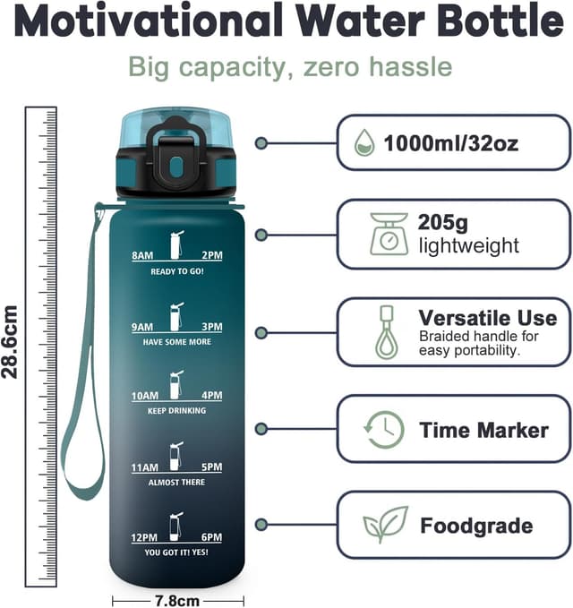 Detalle de JAPORIA Gourde Motivation 1L avec filtre et marqueur de temps (sans BPA)