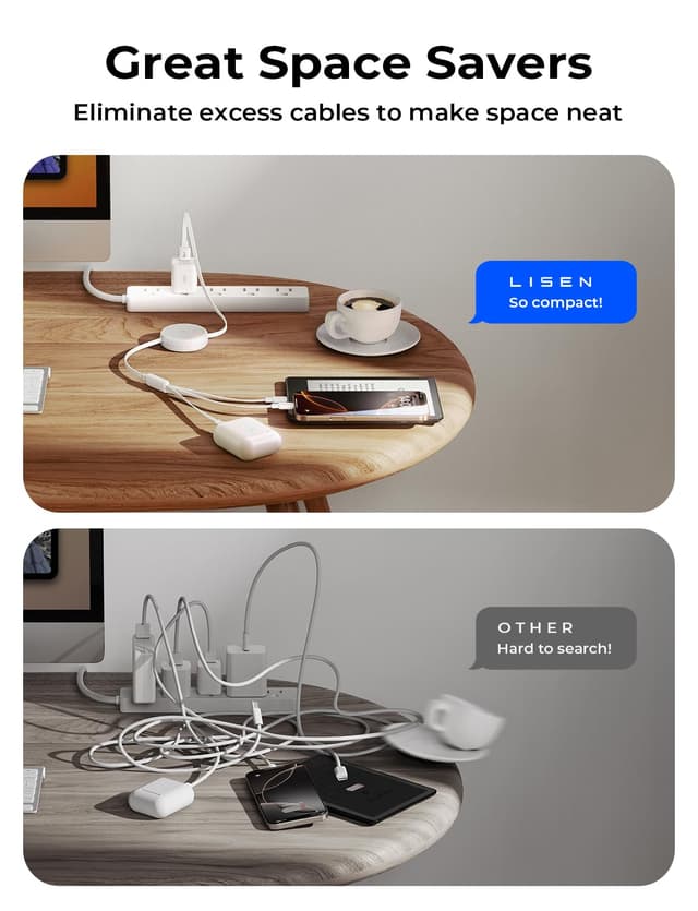 Detalle de LISEN Multi Charger Cable (Retractable USB-C to USB) 3-in-1 for Lightning, Micro-USB and USB-C devices