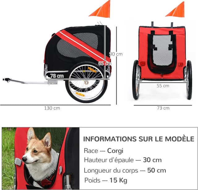 Thumbnail 6 de PawHut Remorque vélo pour Chien Animaux Pliable 30 kg