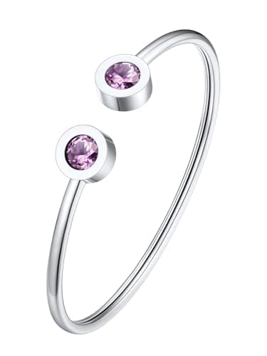 Detalle de FOCALOOK pulsera abierta de acero inoxidable 316L con piedra sintética tipo alejandrita lila (junio)