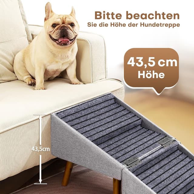 Detalle de Hundetreppe 2-in-1 aus Holz für Couch & Bett – klappbar, rutschfester Komfortbezug (Hellgrau, 43,5 cm hoch)