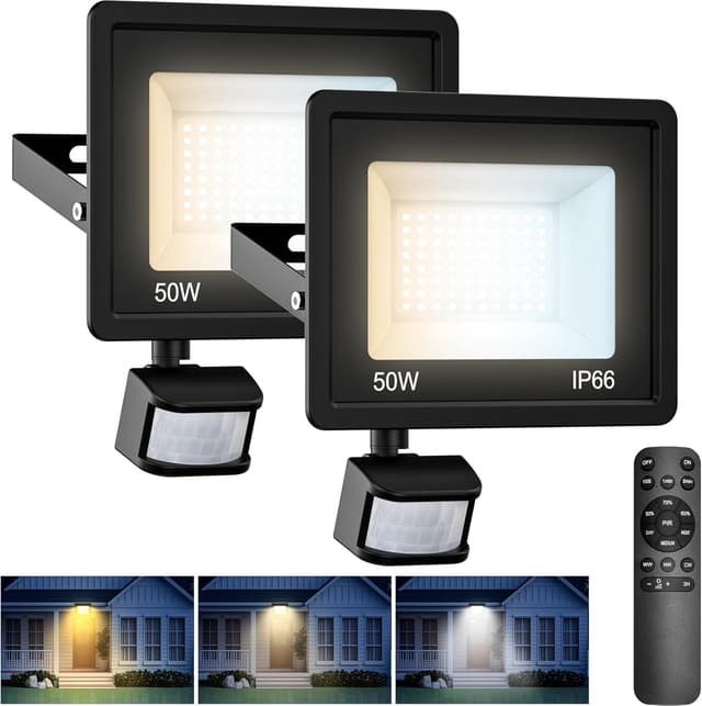 Detalle de vighep 50W LED Strahler mit Bewegungsmelder für außen – 2er-Set, fernbedienbar (IP65), 3 Farbtemperaturen