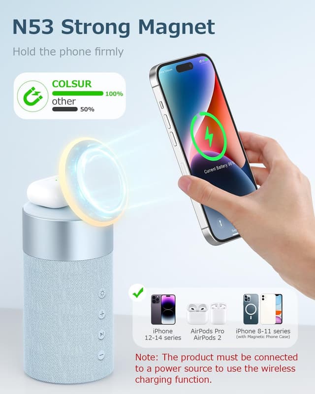 Detalle de COLSUR 2-in-1 Bluetooth Speaker with Wireless Charger and Night Light (for iPhone 16/15/14/13/12 & AirPods Pro/3/2)