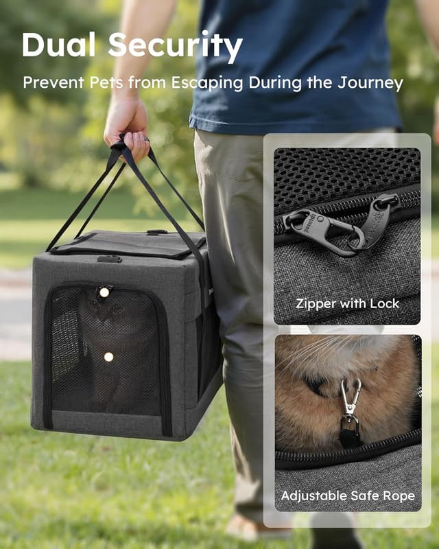 Detalle 2 de pecute Katzentasche / Hundetransporttasche Stabiler Rahmen, belüftetes Mesh-Fenster, bis 5–7 kg, Hellgrau (XL)