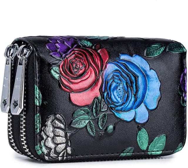 Detalle de LUMoony Damen-Geldbeutel aus Leder mit Doppel-Reißverschluss, viele Fächer & RFID-Schutz (11 × 4,5 × 8 cm)