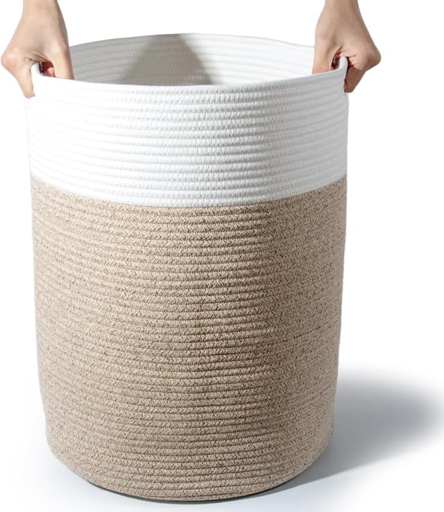 Detalle 2 de SYLANDO 45L geflochtener Baumwollkorb mit Griffen (H45 cm, Ø38 cm) – Aufbewahrung für Spielzeug, Wäsche & mehr