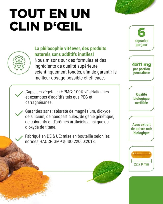 Detalle 2 de vit4ever Curcuma Bio au Poivre Noir – 365 capsules véganes, curcumine & pipérine