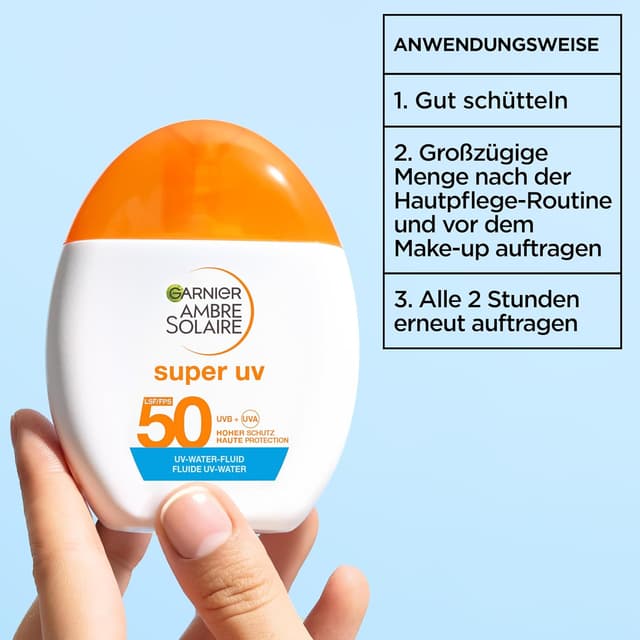 Thumbnail 6 de Garnier Ambre Solaire Super UV UV-Water-Fluid LSF 50 – erfrischende Sonnencreme für das Gesicht, Dry-Touch, unsichtbares Finish, 40 ml