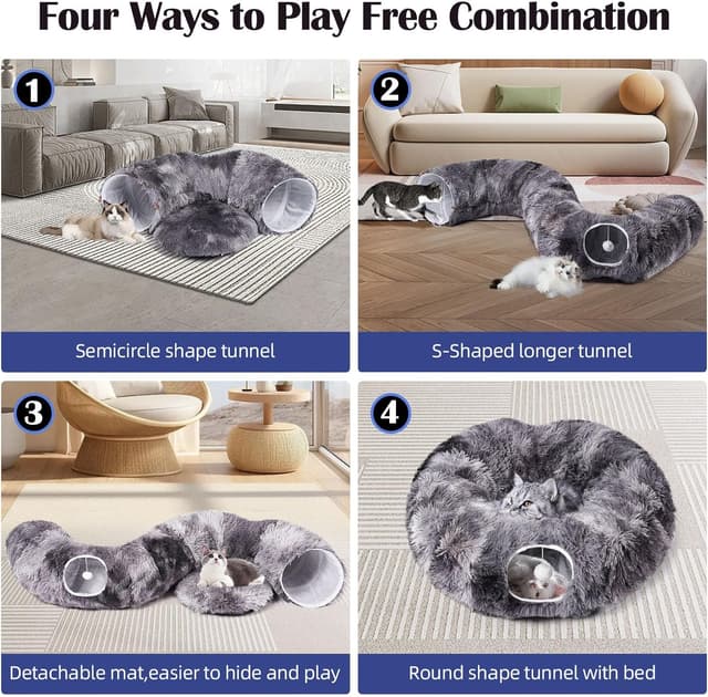Detalle de Odoland 2-in-1 Cat Tunnel Bed set with washable cushion, donut tunnel & hanging toys (dark grey)