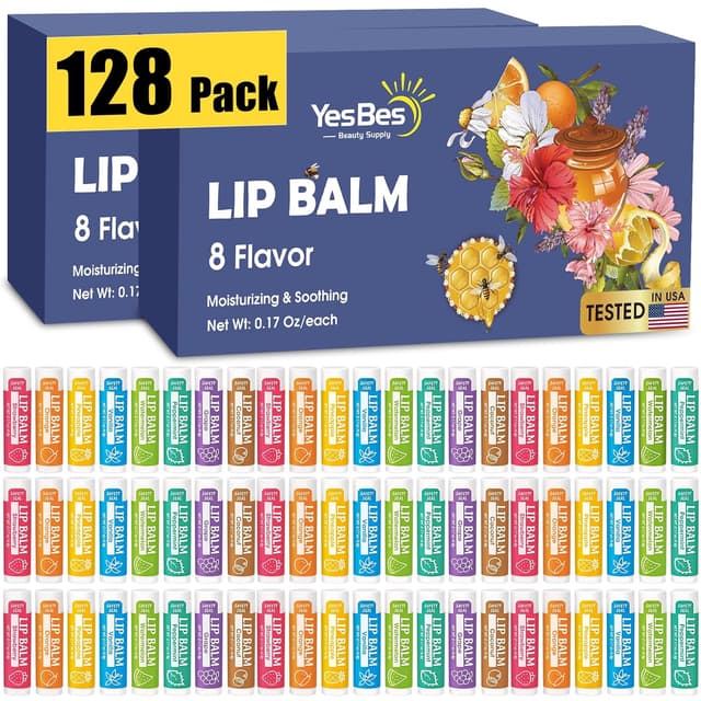 Detalle de YesBes 128-Pack Lip Balm (Natural, Vitamin E & Coconut Oil) in 8 Flavors
