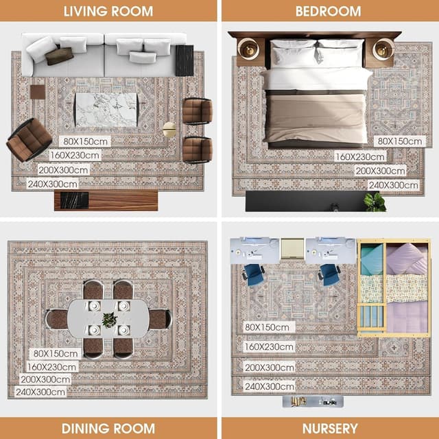 Detalle de Tapis Vasip Salon Vintage à poil ras lavable en machine avec dos antidérapant, style rétro floral 200x300 cm