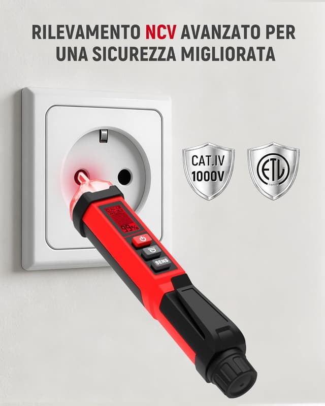 Detalle de KAIWEETS Cercafase Senza Contatto NCV – Tester di tensione 12-1000V / 70-1000V AC con display LCD, allarme e torcia LED (ETL CAT IV)