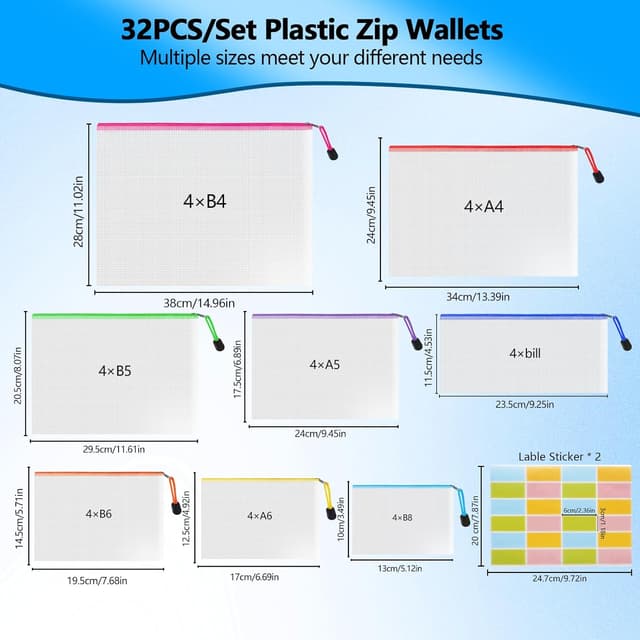 Detalle 2 de Northern Brothers Plastic Wallets Zip Folders (32pcs) – waterproof mesh zip bags in 8 sizes