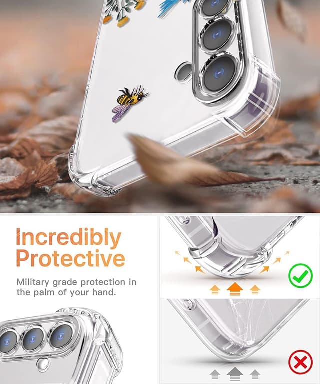 Detalle de CAROKI Clear Case for Samsung Galaxy S24 (6.1-inch) – transparent shockproof TPU bumper with wildflower pattern