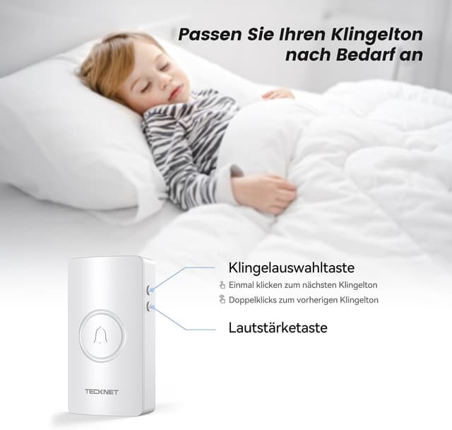 Thumbnail 5 de TECKNET Funkklingel mit 400 m Reichweite, IP67, 2 Empfängern und 60 Melodien (weiß)