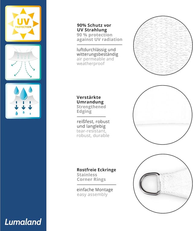 Detalle 2 de Lumaland Sunsail carré 3 x 3 m en toile HDPE résistante aux intempéries (blanc) | Protection solaire avec cordes de fixation