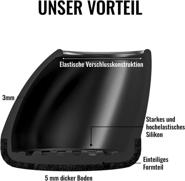 Detalle 2 de MAYZOLOP 16er Stuhlbeinkappen Set (Ø 26–33 mm) für schräge Stuhlbeine, Filz/Silikon, schwarz/grau