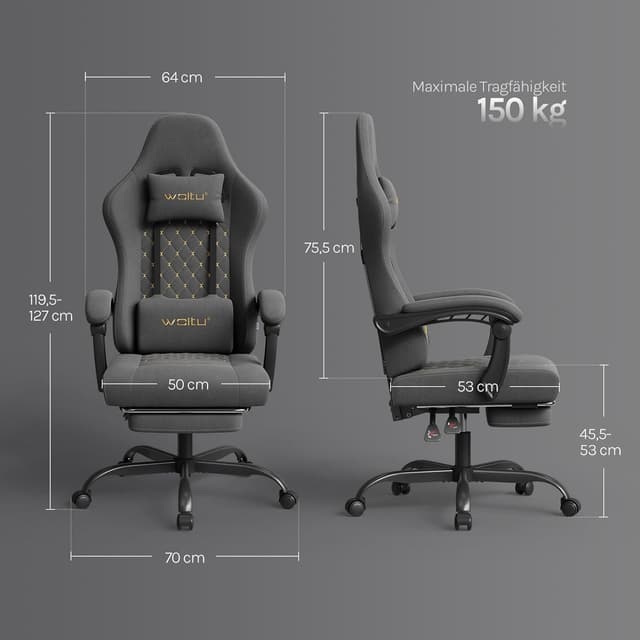 Detalle de WOLTU Gaming Stuhl mit Massagefunktion, Lordosenstütze, 150-kg-Last & Fußstütze (Grau+Gelb)