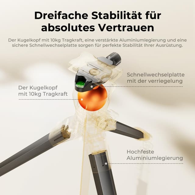 Detalle 2 de K&F CONCEPT A305A1+BH-40 Kamera-Stativ (Handy-Stativ), 162 cm – Aluminium-Reisestativ für Smartphone & Tablet