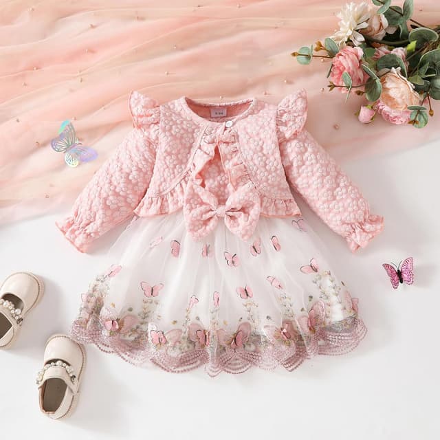 Detalle de JiAmy 2-Piece Baby Girls Dress and Cardigan Set (Sleeveless Floral Dress + Ruffle Cardigan) for 3 Months–3 Years