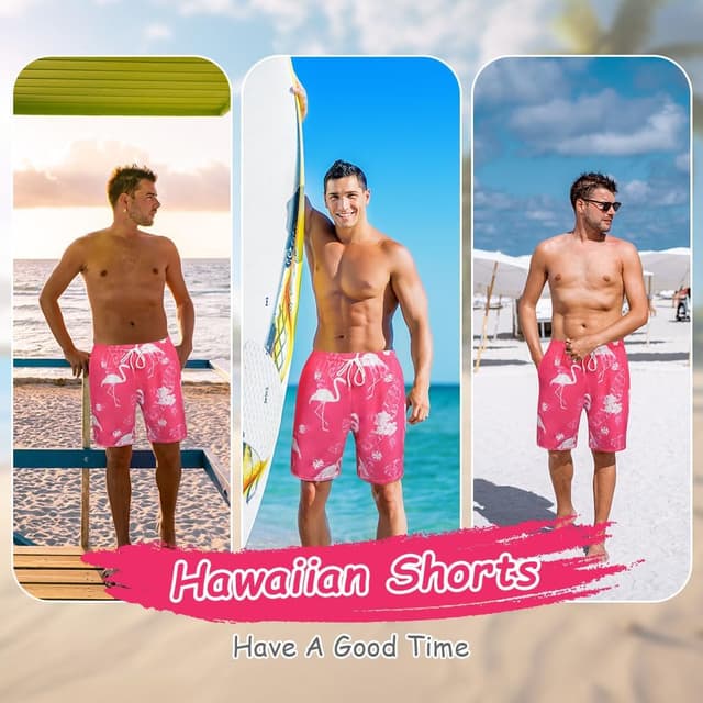 Thumbnail 6 de Aomig Uomo Hawaiani pantaloncini da bagno con stampa tropicale e taschino (Blu, M-XL)