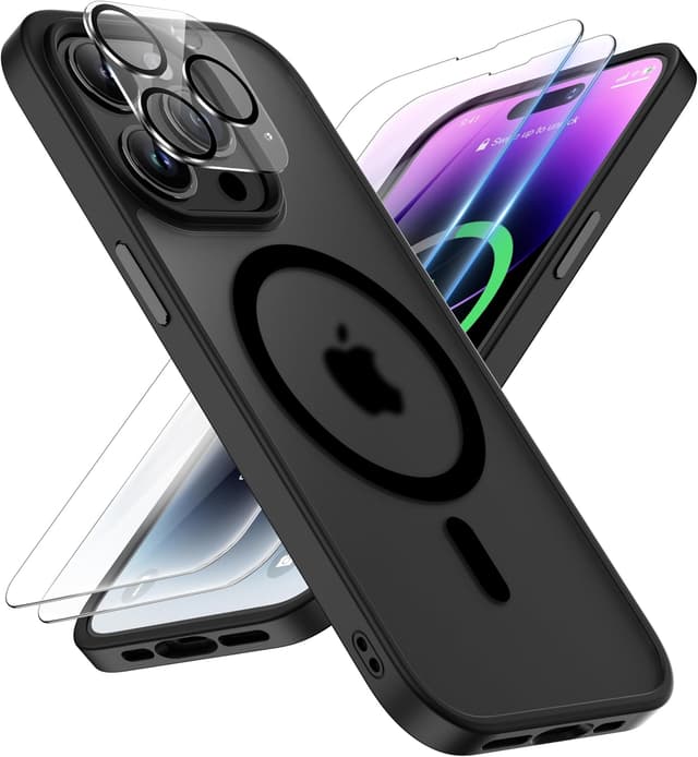Detalle de ORETECH Hülle für iPhone 14 Pro Max (6,7 Zoll) mit Mag-Safe, stoßfester Rückseite & 2 Displayschutzfolien – Schwarz