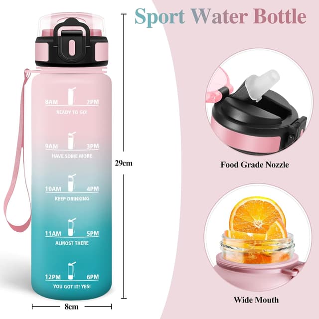 Detalle de Motswedi gourde 1 litre avec paille anti-fuite, repères de motivation et marqueur de temps (rose & cyan)