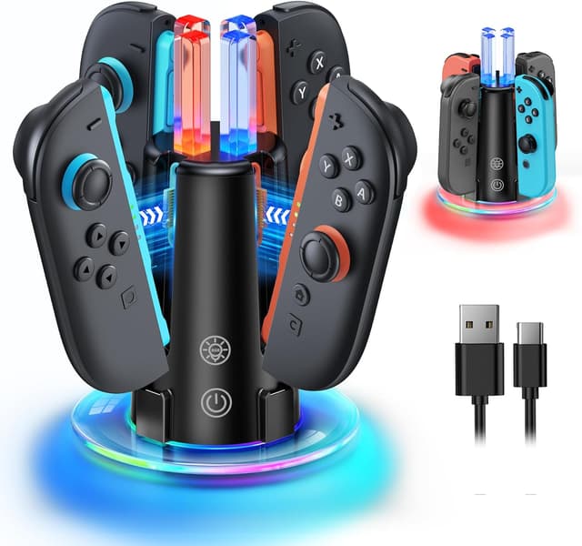 Detalle de Switch Controller Ladestation für Joy-Con 2 & 1 mit RGB-Lichtern – kompatibel mit Nintendo Switch 2/1 & OLED