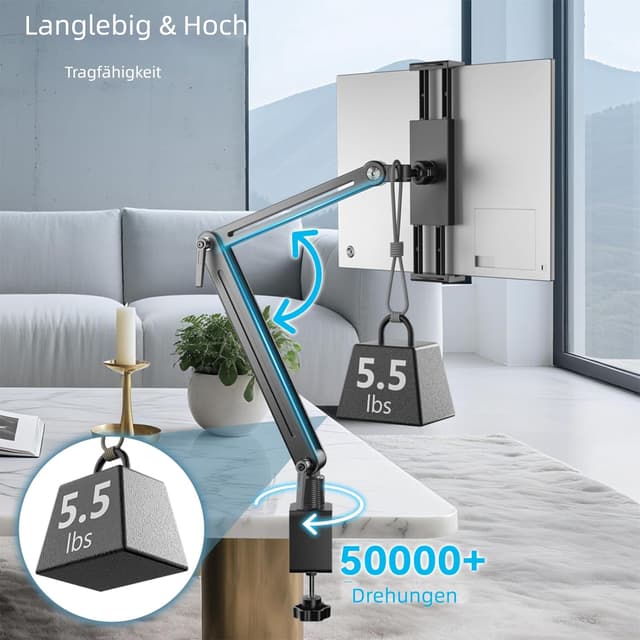 Detalle 2 de Feising Aluminium Tablet-Halterung mit Schwenkarm (360°) für iPad & Galaxy – bis 15,6 Zoll