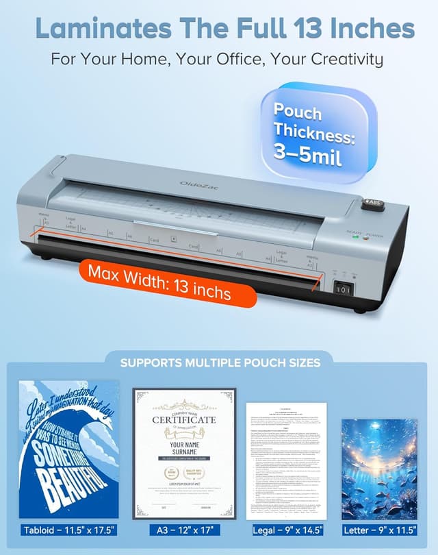 Detalle 2 de 13 Inch Laminator Machine for A3/A4 with Hot & Cold, Anti-Jam, 20 Laminating Sheets and 10-in-1 Trimmer/Cutter