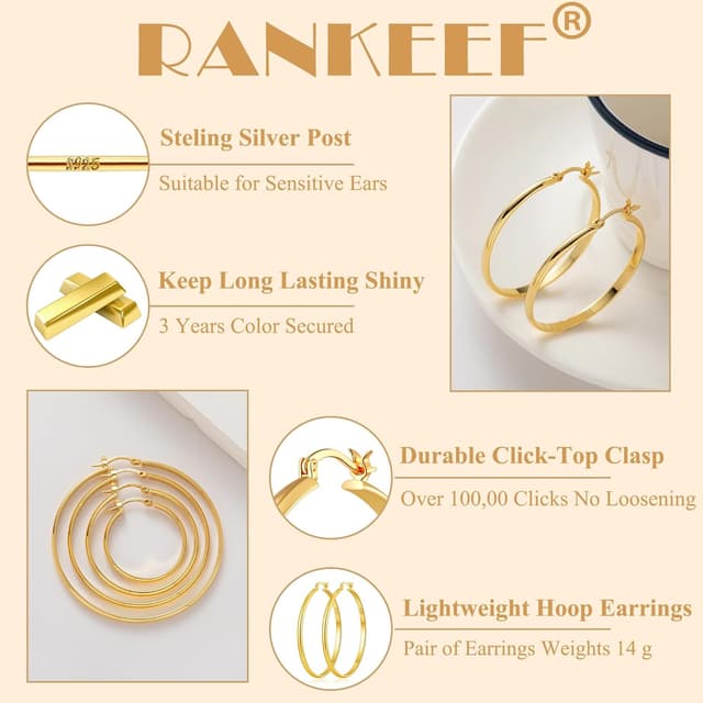 Detalle de RANKEEF große Creolen aus 925 Silber mit 3 mm Breite, hypoallergen – 30/40/50/60 mm