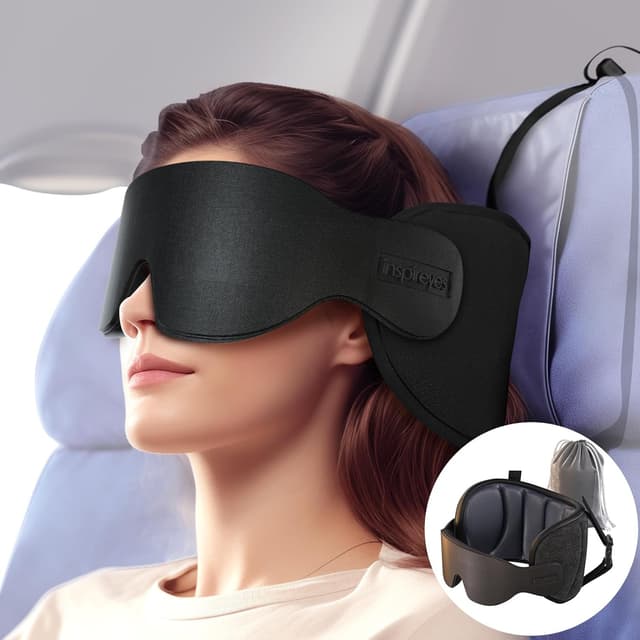 Detalle de Inspireyes travel pillow for airplanes with head strap and sleep eye mask – 360° supported headrest (Light Black)