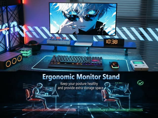 Thumbnail 6 de Xyphren L Shaped Gaming Desk with RGB LED Lights, Power Outlets & Adjustable Shelves (Carbon Black)