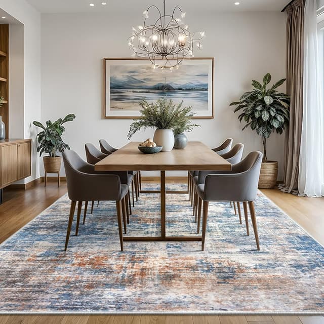 Detalle 2 de IOHOUZE Abstract Area Rug, 8x10 Ft Washable Non-Slip Faux Wool Look (Blue/Rust/White)