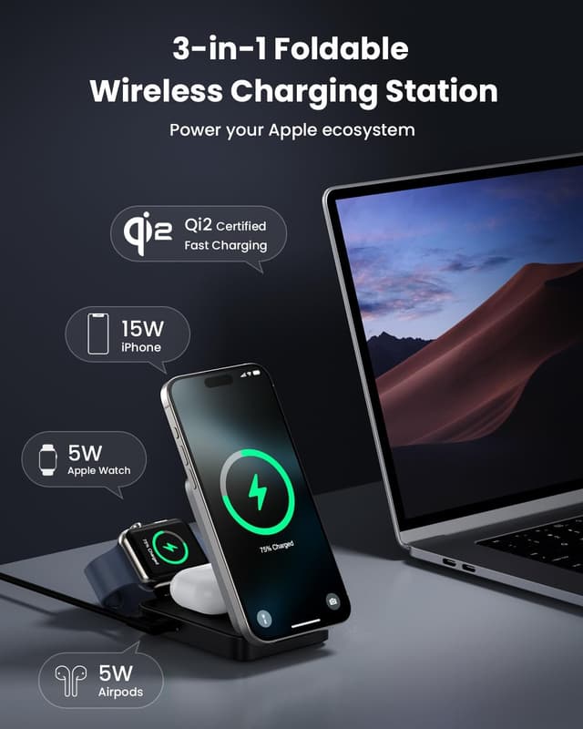 Detalle 2 de Stazione 3 in 1 wireless Qi2 15W