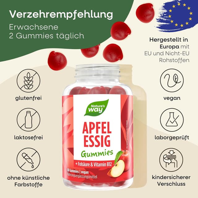 Detalle 2 de Apfelessig Gummies mit 1.000 mg Apfelessig-Komplex, Vitamin B12 & Folsäure – vegane Gummibärchen (60 Stk)