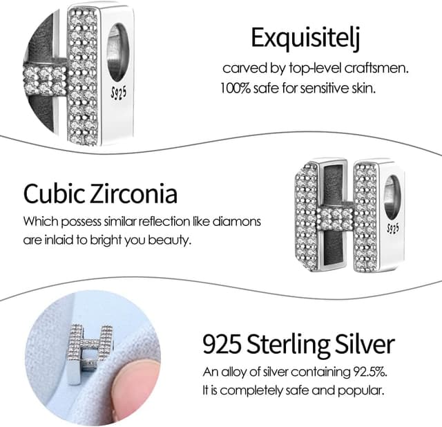 Detalle de Pandach Damen Charm Anhänger Buchstabe A–Z aus 925 Sterling Silber (Zirkonia) für europäische Armbänder und Ketten
