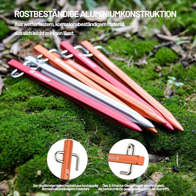 Detalle 2 de Zeltheringe AVOFOREST Erdnägel (8 Stück), stabile Aluminiumlegierung, 20 cm – ideal für normaler bis harter Boden