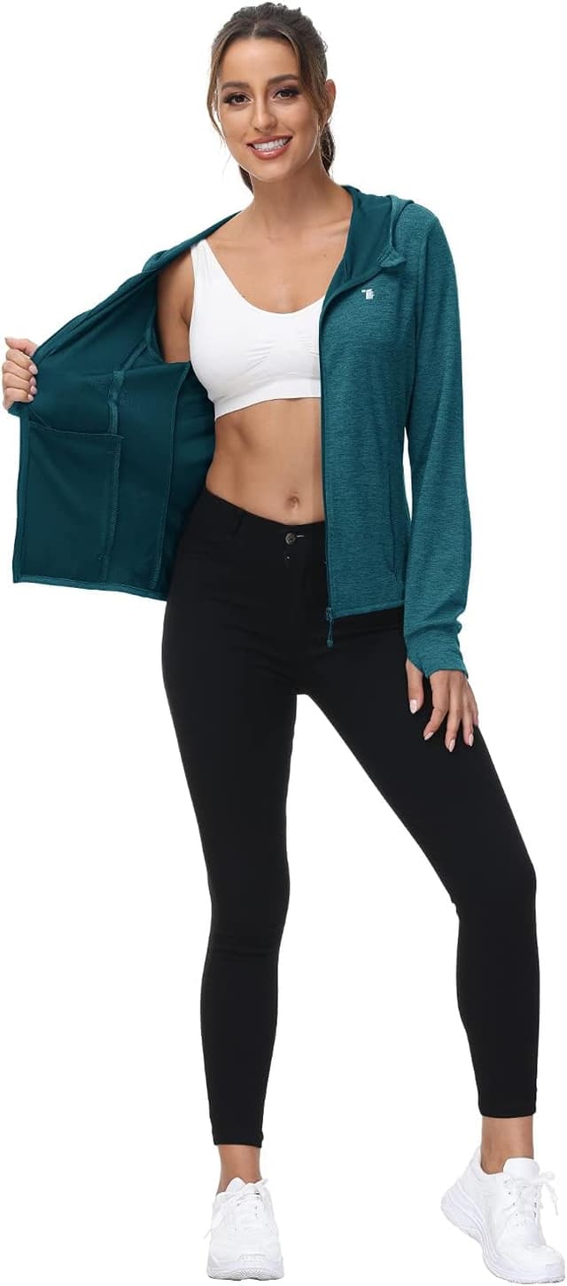 Detalle de donhobo Women’s Running Jackets with Thumb Hole, Hooded Zip Hoodie Top (UPF 50+)