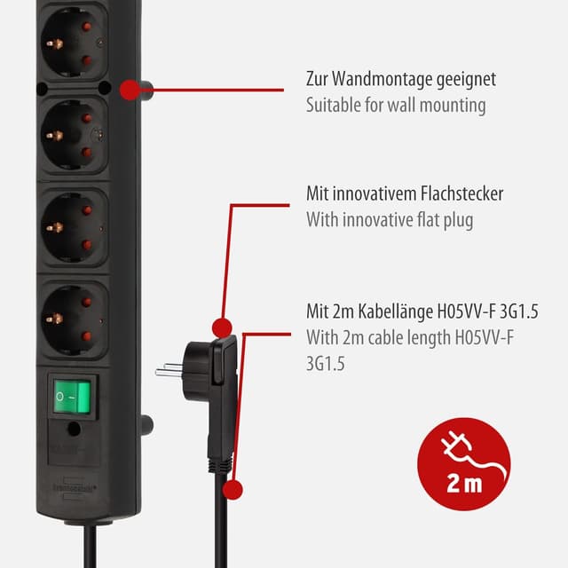 Detalle de Brennenstuhl multiprise avec interrupteur noir (4 prises) Flachprise mâle 1153100100